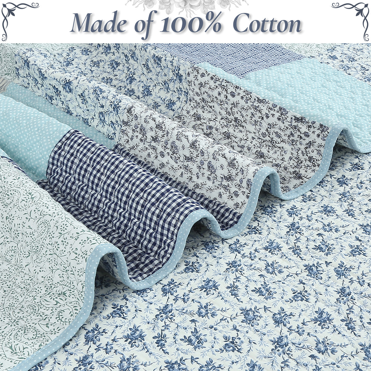 Subtle Cozy Blue Checker Cottage Floral Stripe Cotton 3 Piece Patchwork Quilt Bedding Set