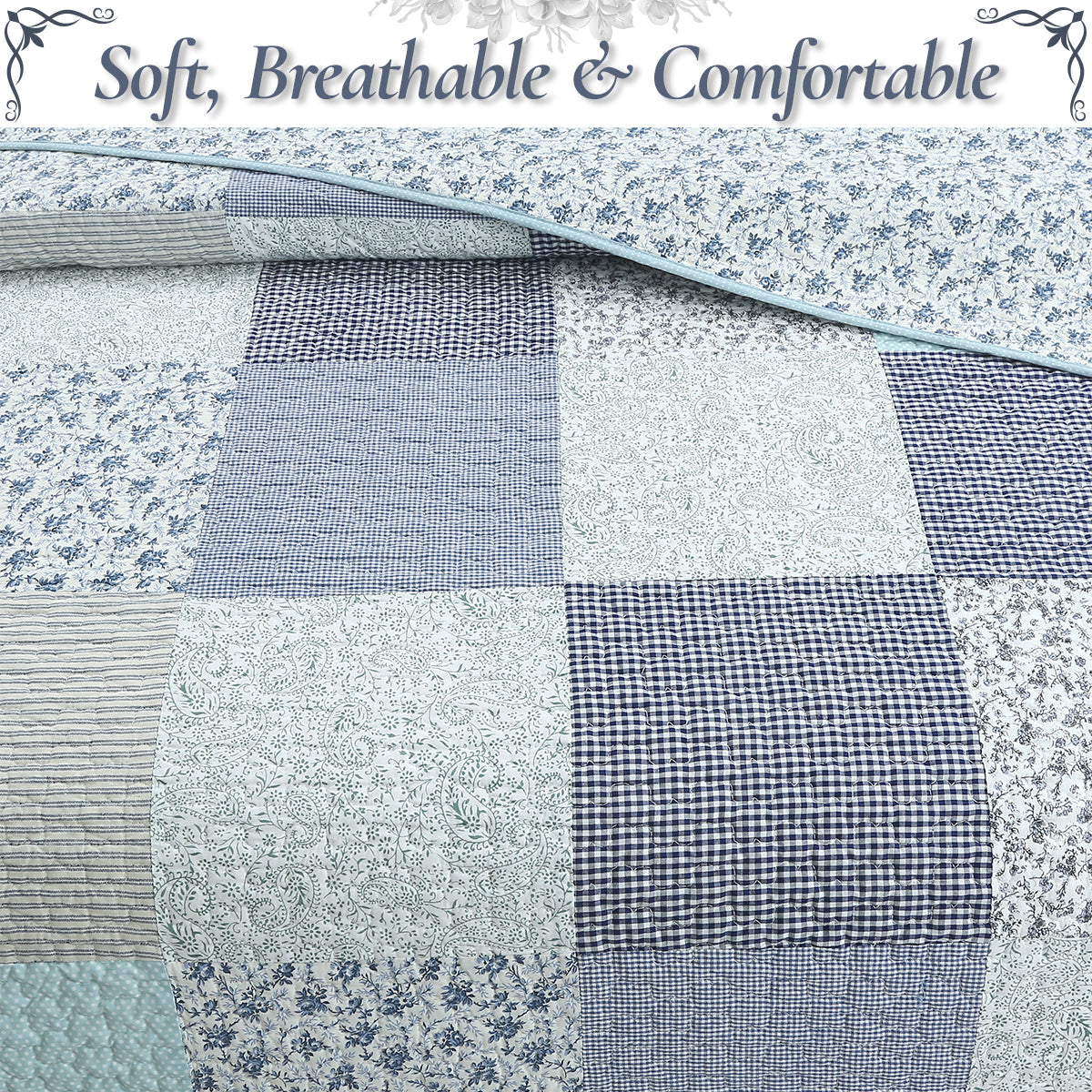 Subtle Cozy Blue Checker Cottage Floral Stripe Cotton 3 Piece Patchwork Quilt Bedding Set