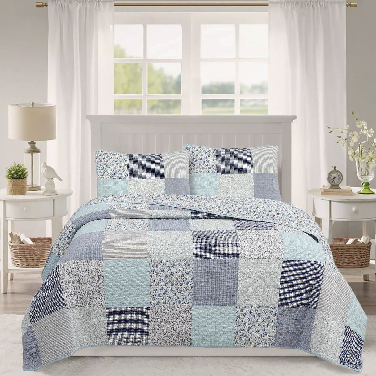 Subtle Cozy Blue Checker Cottage Floral Stripe Cotton 3 Piece Patchwork Quilt Bedding Set
