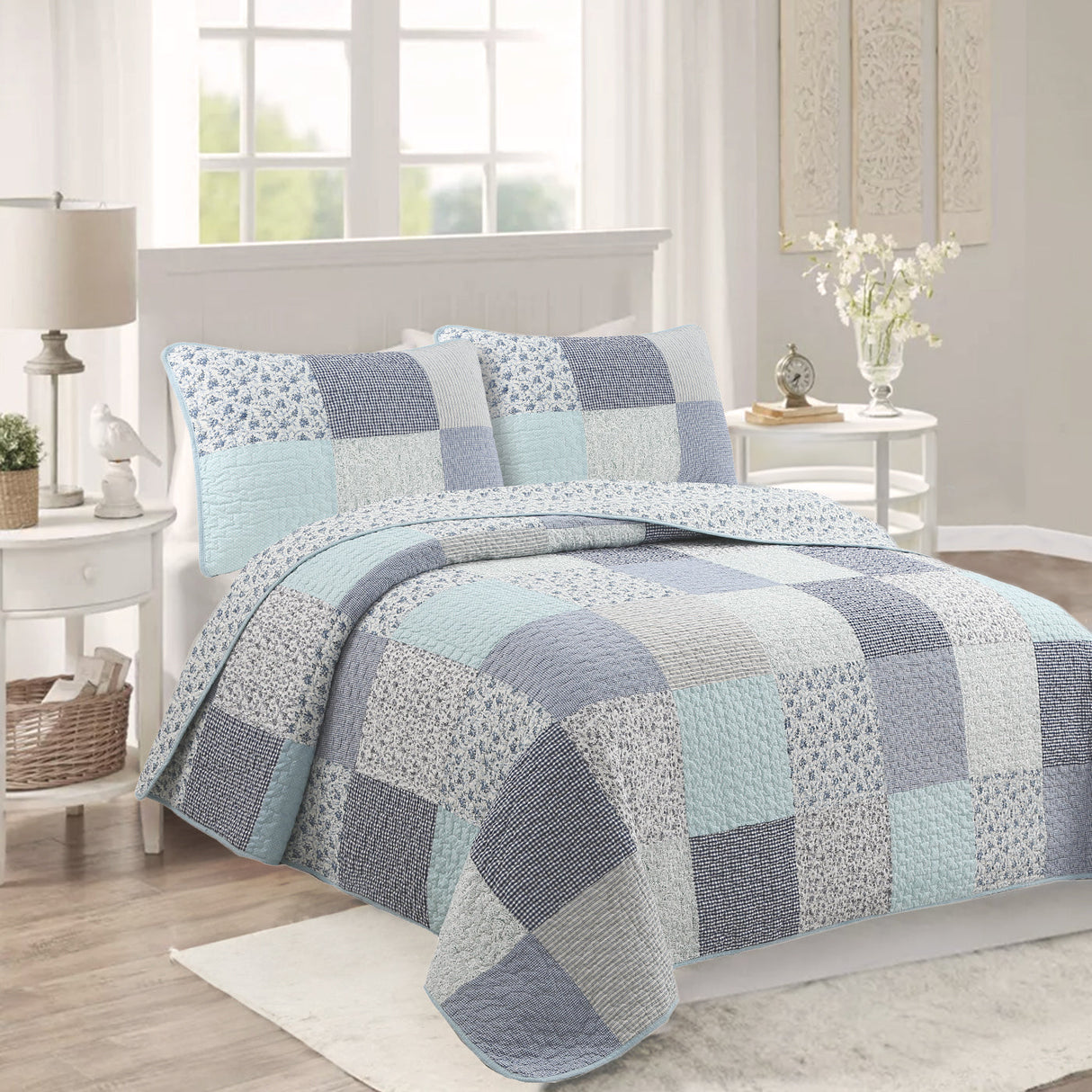 Subtle Cozy Blue Checker Cottage Floral Stripe Cotton 3 Piece Patchwork Quilt Bedding Set