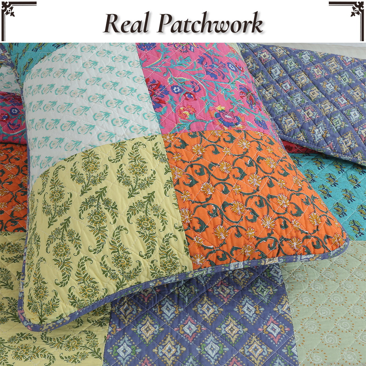 Bold Bright Multi Color Boho Floral Patchwork 3 Piece Cotton Quilt Bedding Set
