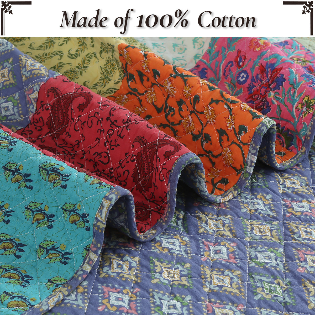 Bold Bright Multi Color Boho Floral Patchwork 3 Piece Cotton Quilt Bedding Set
