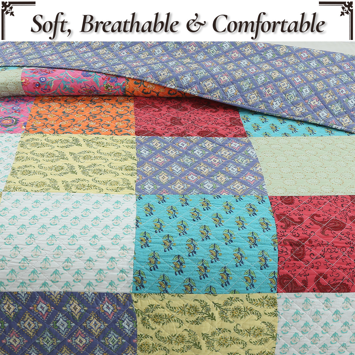 Bold Bright Multi Color Boho Floral Patchwork 3 Piece Cotton Quilt Bedding Set