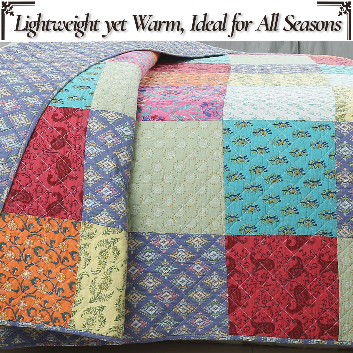 Bold Bright Multi Color Boho Floral Patchwork 3 Piece Cotton Quilt Bedding Set
