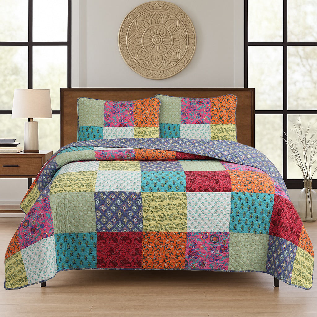 Bold Bright Multi Color Boho Floral Patchwork 3 Piece Cotton Quilt Bedding Set