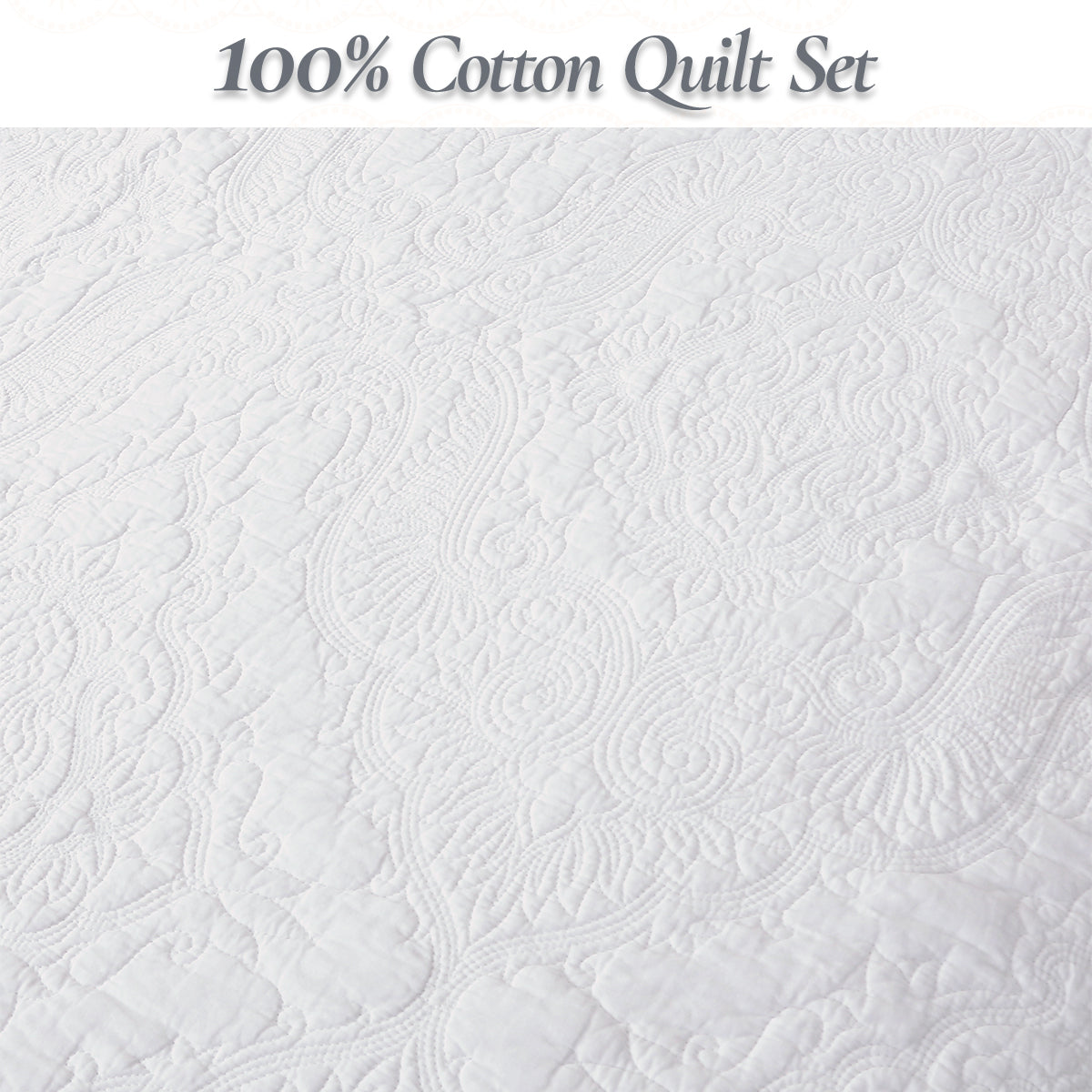 Classic Orient Damask Medallion Stitch Solid White 100% Cotton 3 Piece Quilt Bedding Set