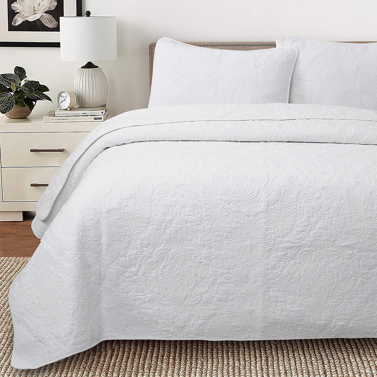 Classic Orient Damask Medallion Stitch Solid White 100% Cotton 3 Piece Quilt Bedding Set