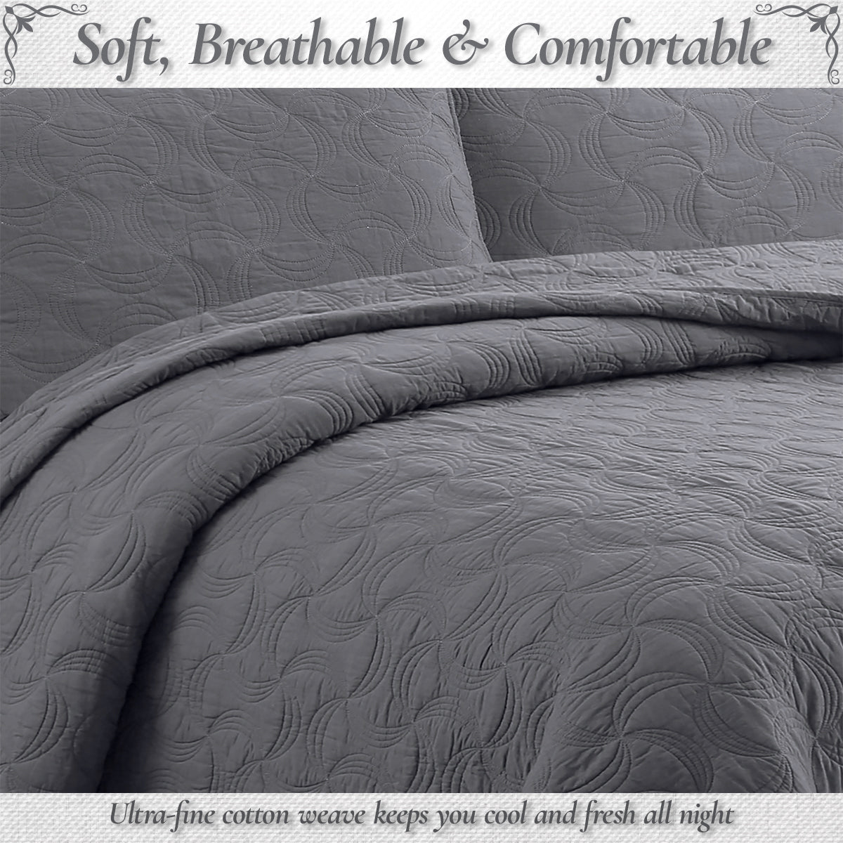 Solid Gray Spiral Swirl Pinwheel 3 Piece Cotton Quilt Bedding Set
