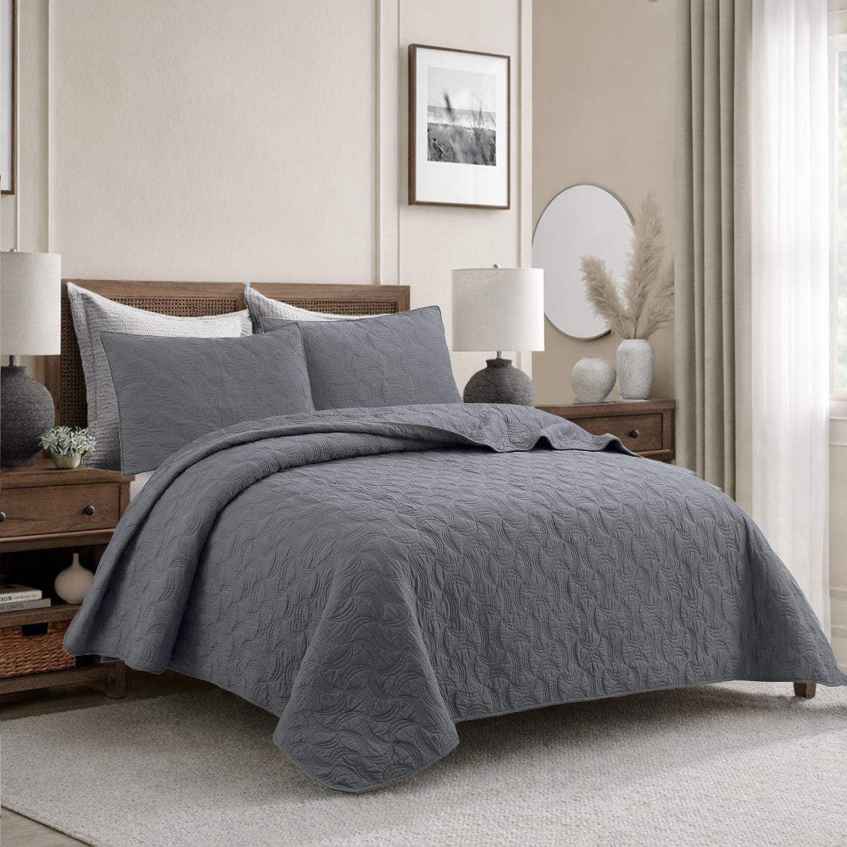 Solid Gray Spiral Swirl Pinwheel 3 Piece Cotton Quilt Bedding Set