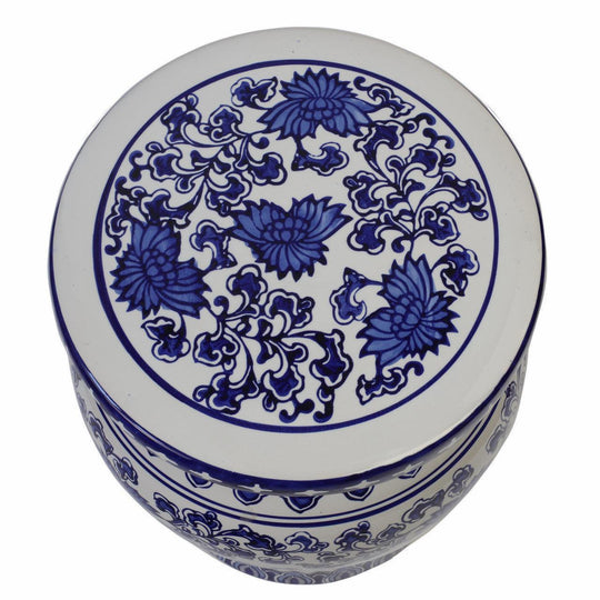 Blue Garden White Lotus Garden Podium – 12.5" Ceramic Hand-Painted Stool/Table