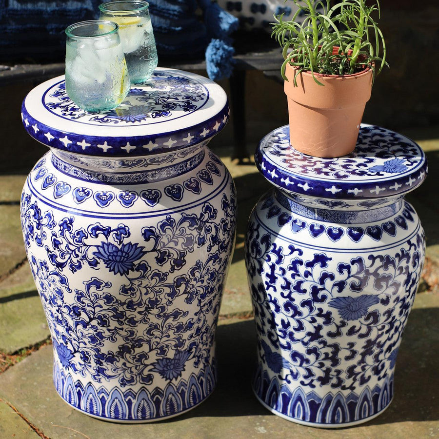 Blue Garden White Lotus Garden Podium – 12.5" Ceramic Hand-Painted Stool/Table