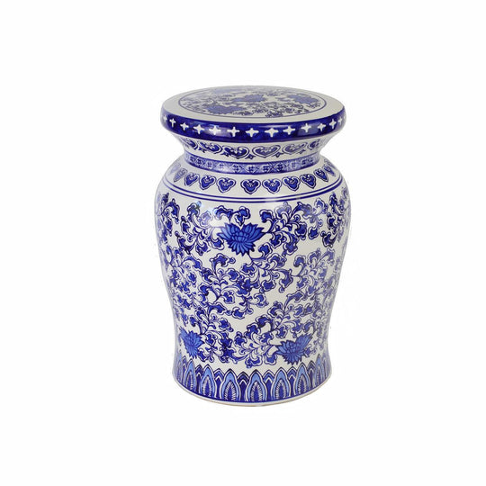 Blue Garden White Lotus Garden Podium – 12.5" Ceramic Hand-Painted Stool/Table
