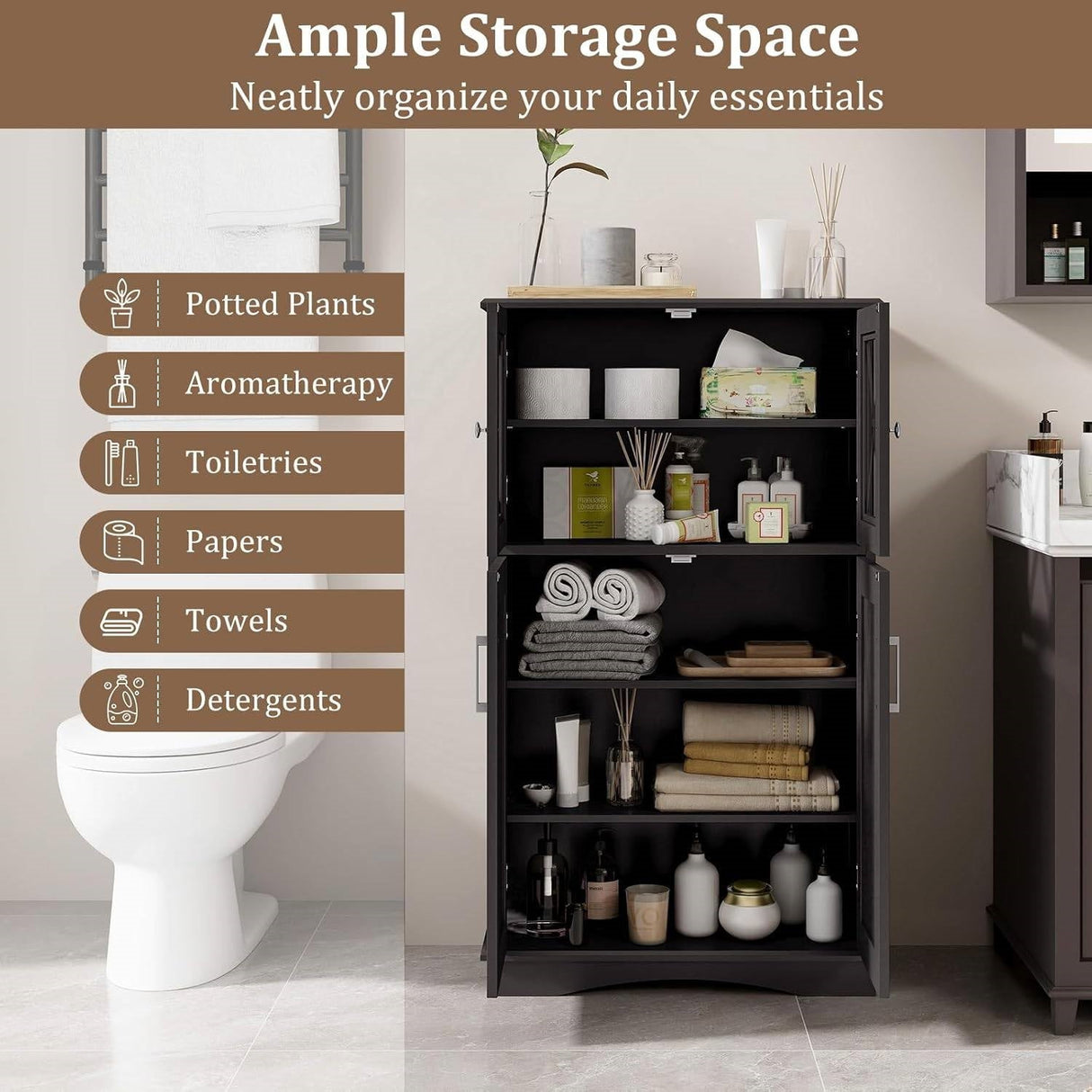 Black Bathroom Towel Linen Cabinet with Glass Doors and Storage Shelves