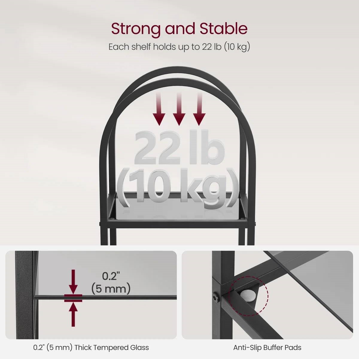 Arched Top Black Metal Display Rack Narrow Bookcase with 5 Glass Storage Shelves