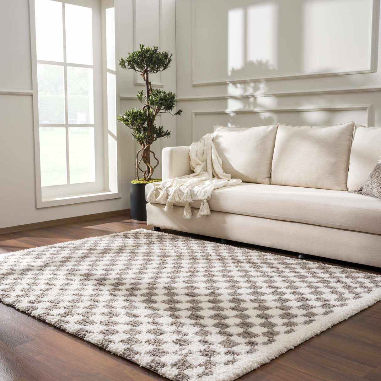 Kieu Taupe Checkered Plush Rug