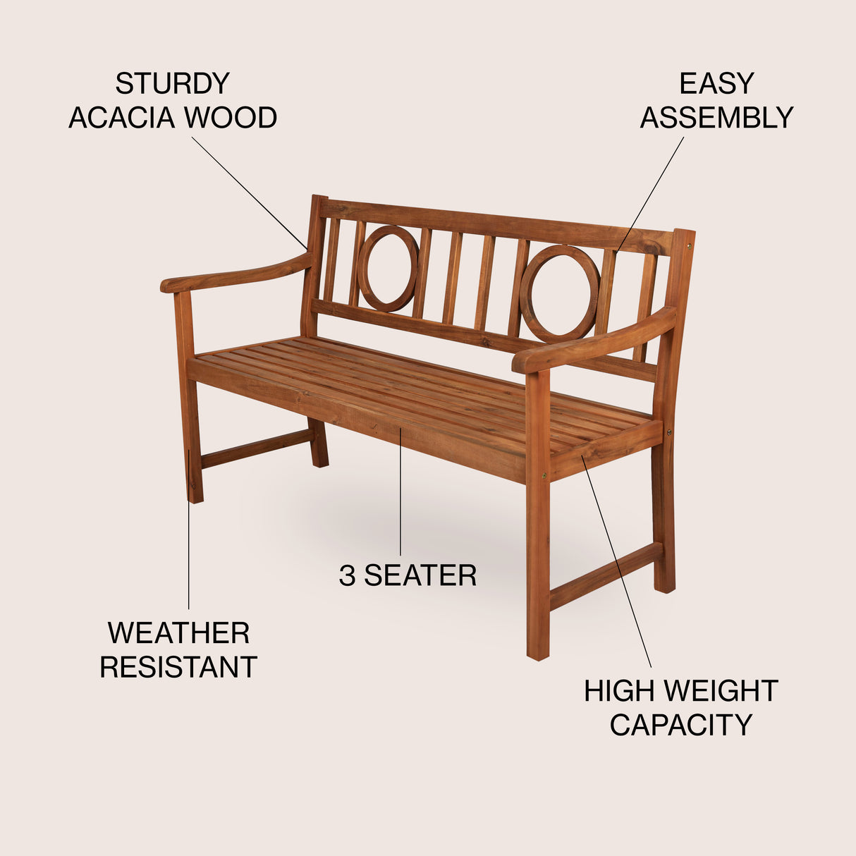 Apollo 3-seat circle-back support acacia wood outdoor garden patio bench