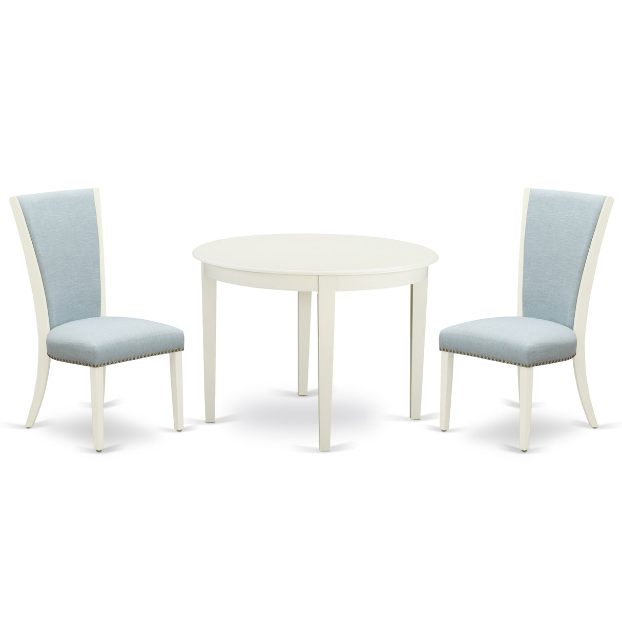 EAST WEST FURNITURE - BOVE3-WHI-15 - 3 Piece Dining Table Set - 2 Baby Blue Linen Fabric Kitchen Chairs with High Back and 1 Modern Rectangular Dining Table - linen white Finish