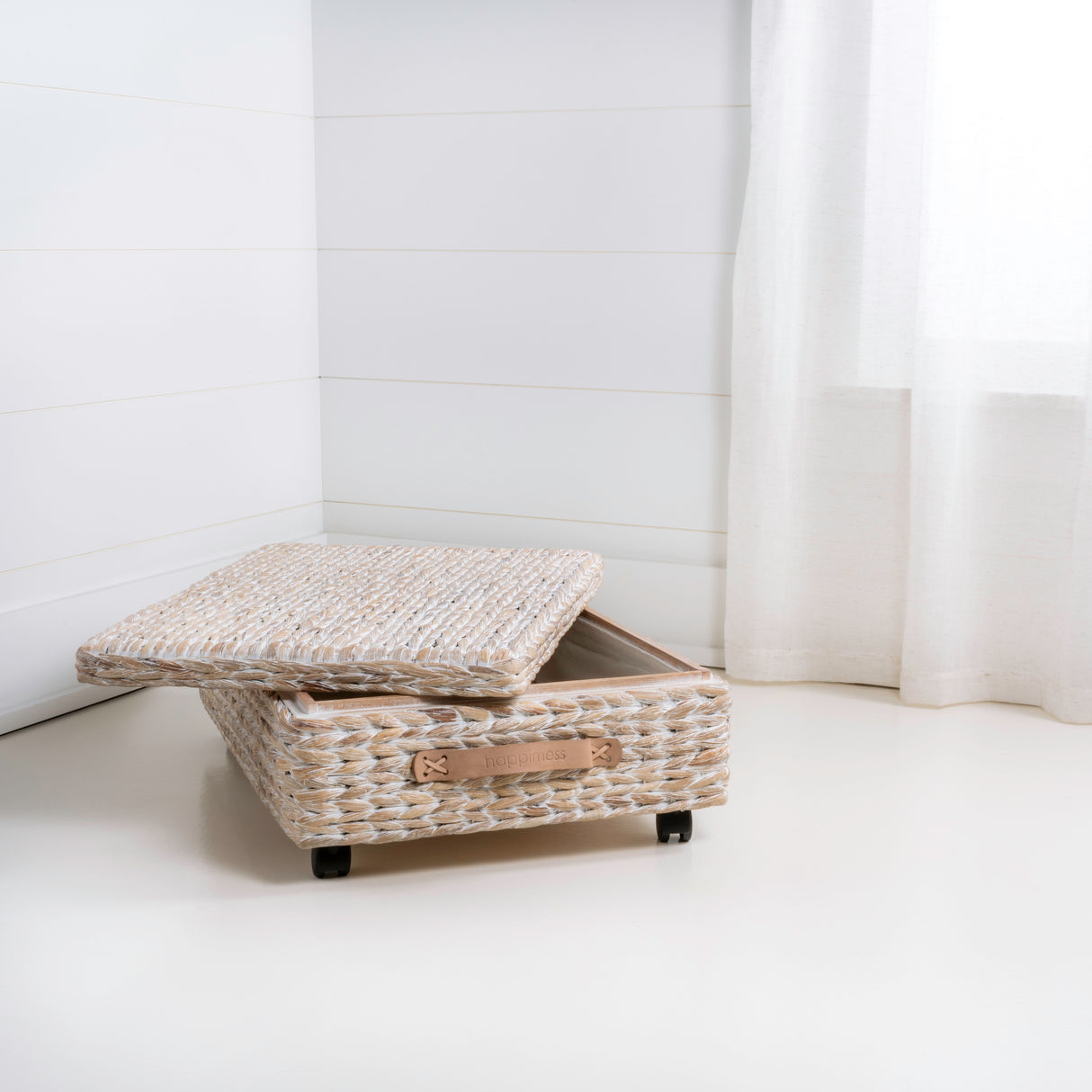 Chett Minimalist Hand-Woven Hyacinth/Wood Underbed Storage Bin with Wheels and Handles