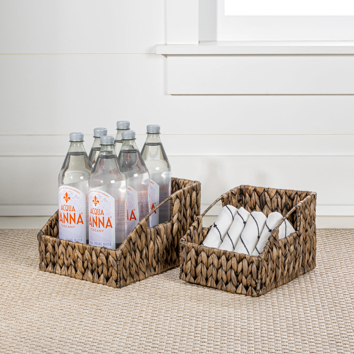 Havanah Southwestern Handwoven Hyacinth Slanted Pantry Baskets with Handles (Set of 2)