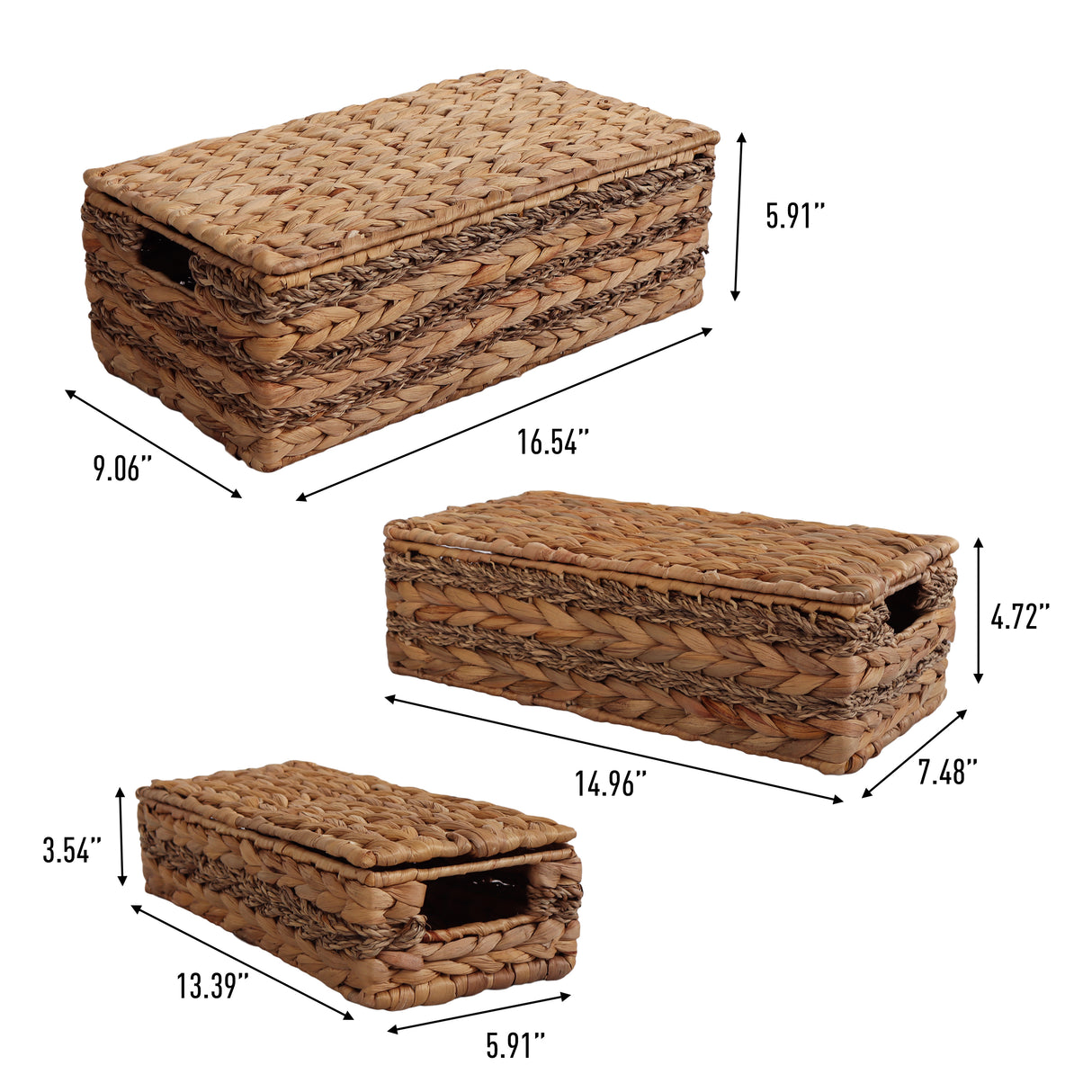 Sandrine Classic Farmhouse Handwoven Hyacinth Storage Baskets with Handles and Lids (Set of 3)
