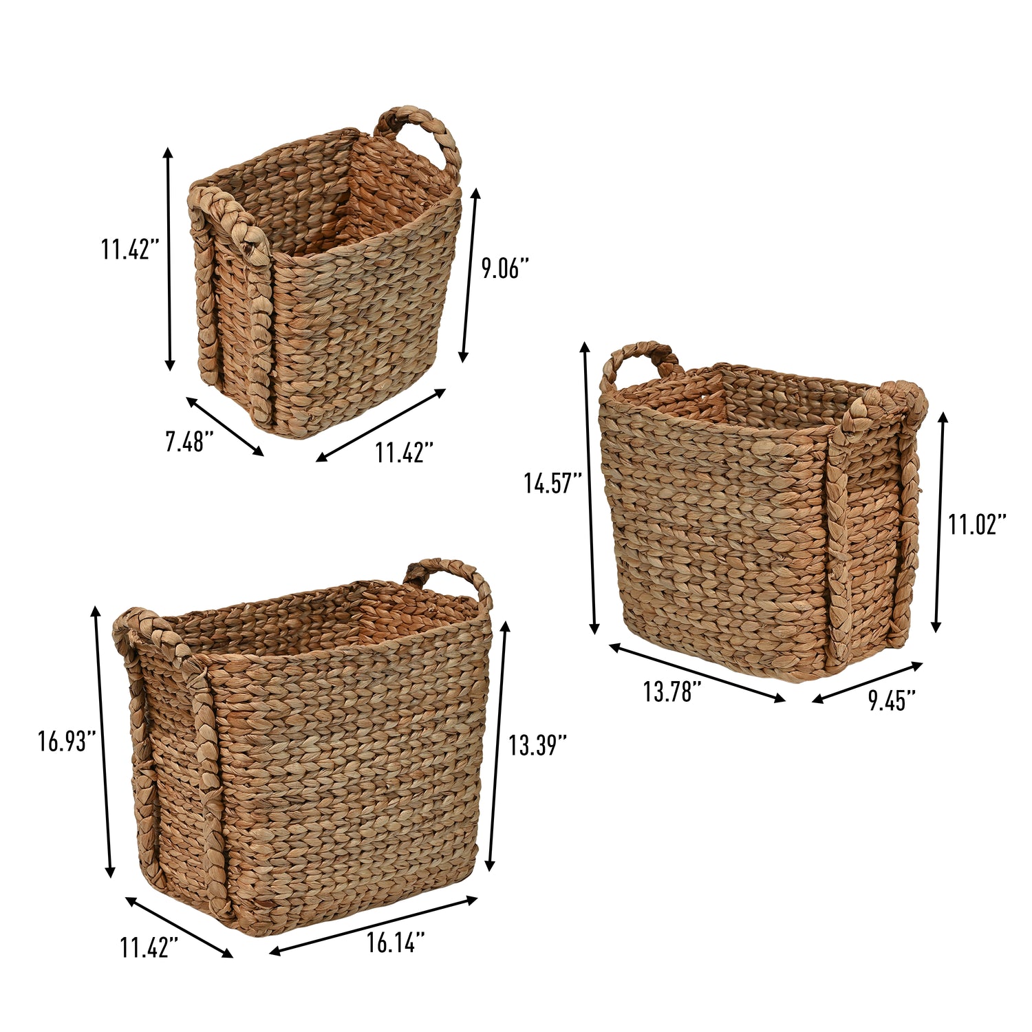 Clara Farmhouse Classic Handwoven Hyacinth Rectangle Storage Floor Baskets with Handles (Set of 3)
