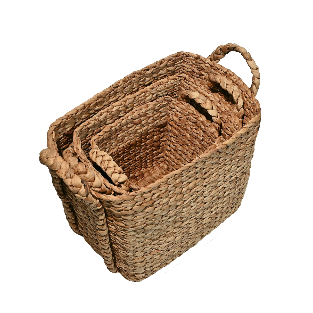 Clara Farmhouse Classic Handwoven Hyacinth Rectangle Storage Floor Baskets with Handles (Set of 3)