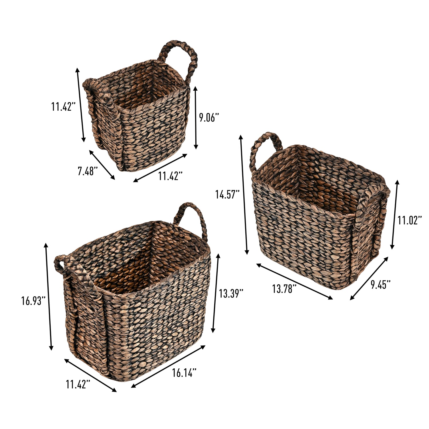 Clara Farmhouse Classic Handwoven Hyacinth Rectangle Storage Floor Baskets with Handles (Set of 3)