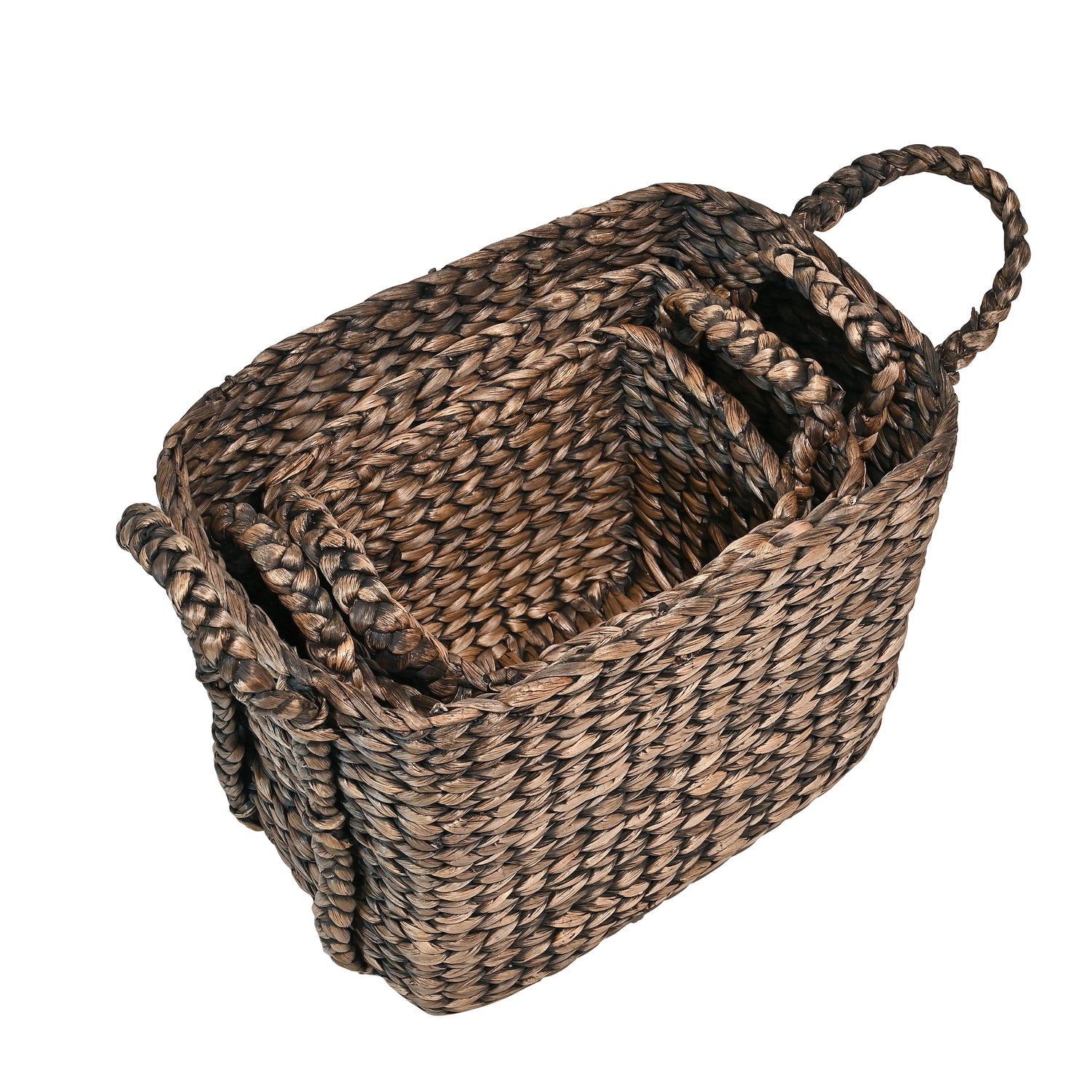 Clara Farmhouse Classic Handwoven Hyacinth Rectangle Storage Floor Baskets with Handles (Set of 3)