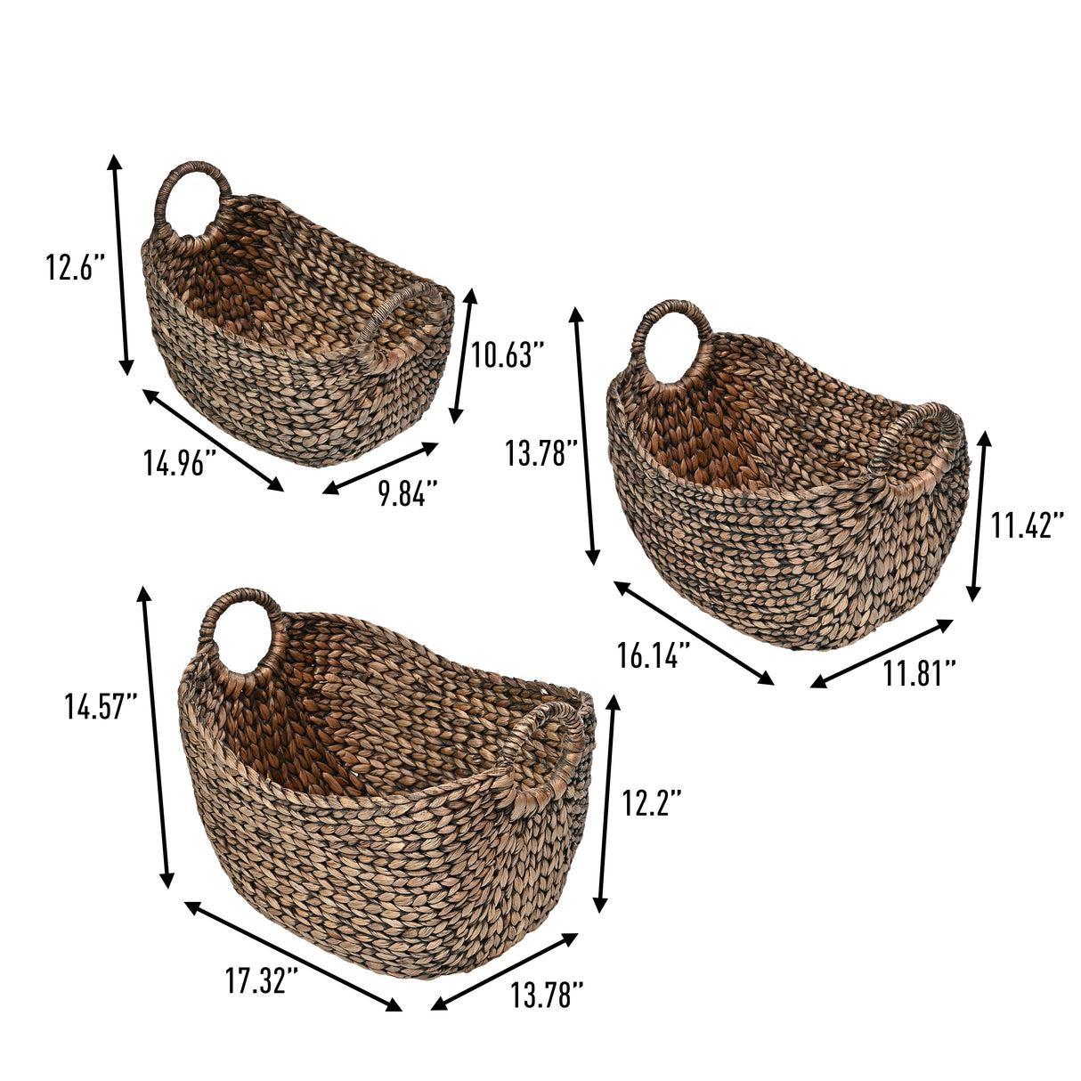 Nellie Farmhouse Classic Handwoven Hyacinth Storage Boat Baskets with Handles (Set of 3)