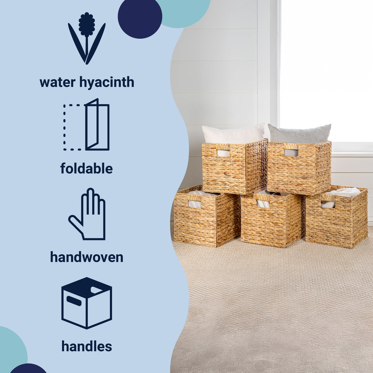 Bryce Classic Farmhouse Handwoven Hyacinth Collapsible Storage Cube Baskets with Handles (Set of 5)