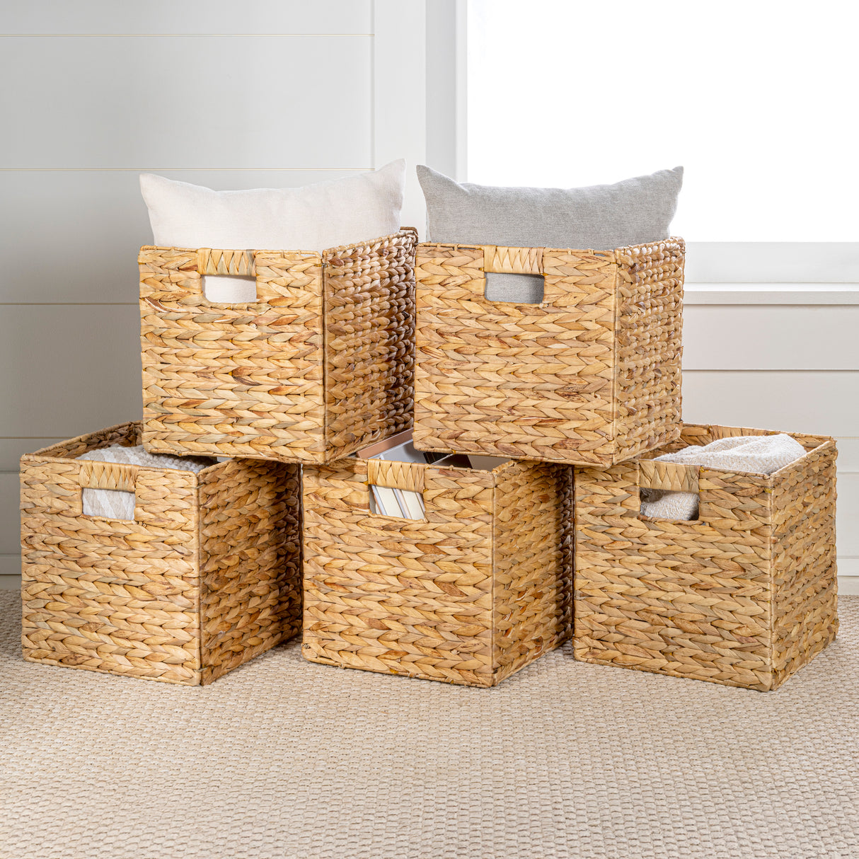 Bryce Classic Farmhouse Handwoven Hyacinth Collapsible Storage Cube Baskets with Handles (Set of 5)