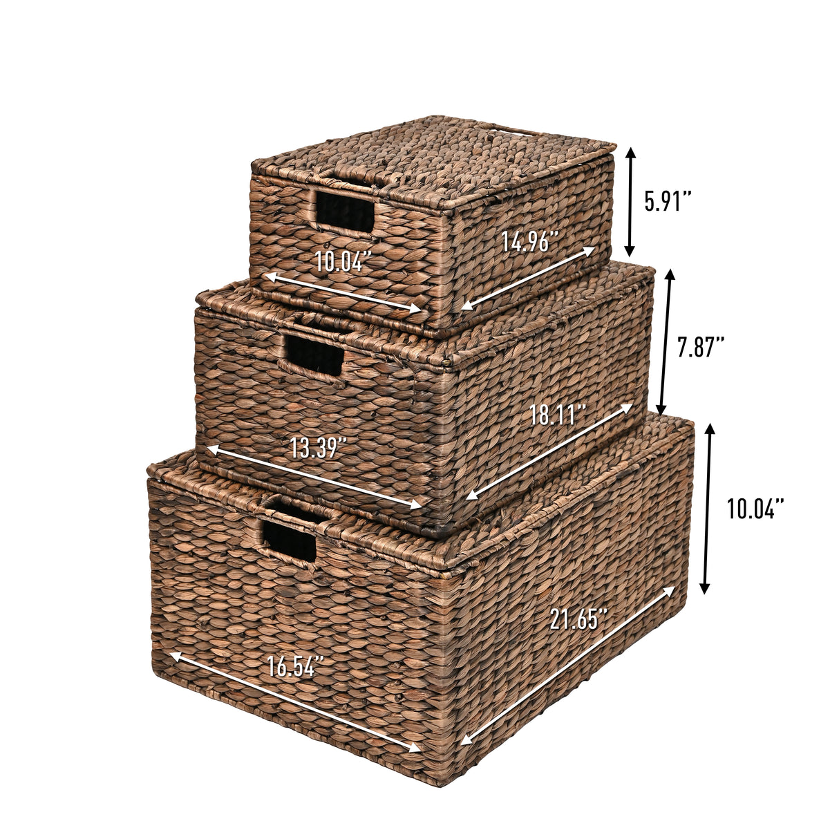 Brooks Classic Farmhouse Woven Hyacinth Rectangular Storage Baskets with Lids and Handles (Set of 3)