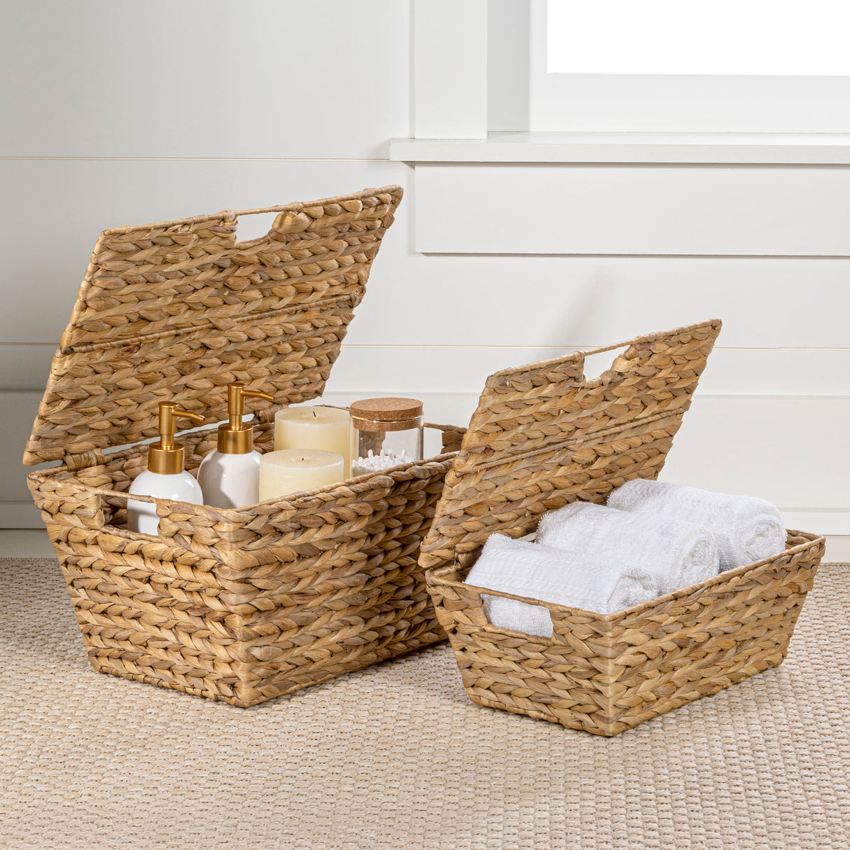 Wilder Classic Farmhouse Woven Hyacinth Rectangular Storage Baskets with Lids and Handles (Set of 2)