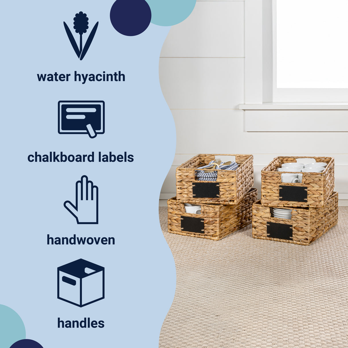 Lane Classic Farmhouse Handwoven Hyacinth Pantry Baskets with Chalkboard Labels and Handles (Set of 4)