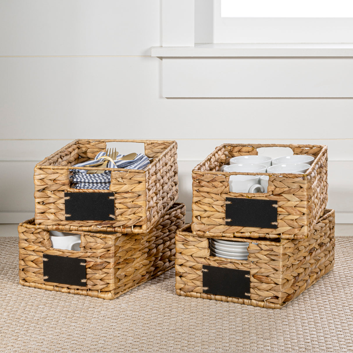 Lane Classic Farmhouse Handwoven Hyacinth Pantry Baskets with Chalkboard Labels and Handles (Set of 4)