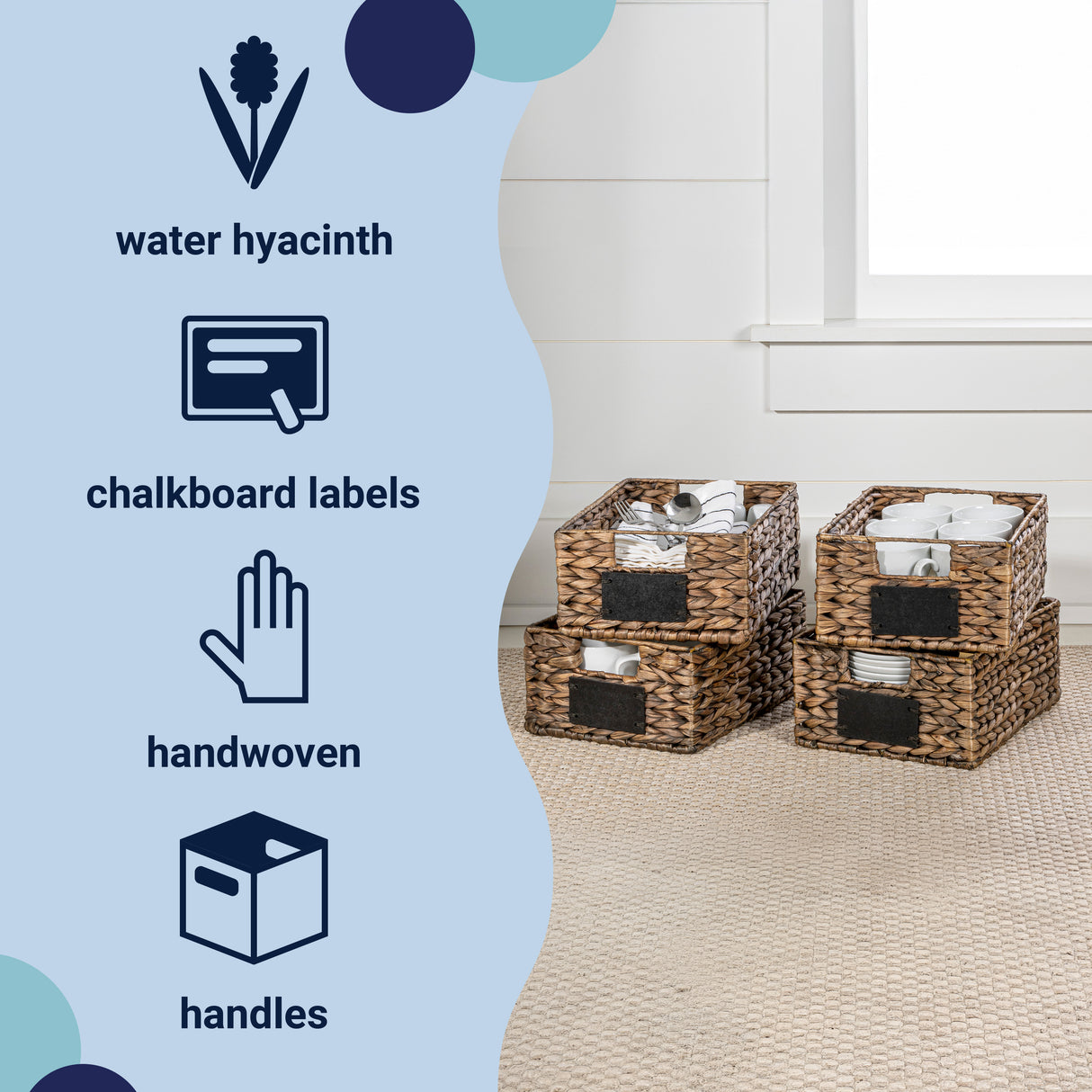 Lane Classic Farmhouse Handwoven Hyacinth Pantry Baskets with Chalkboard Labels and Handles (Set of 4)