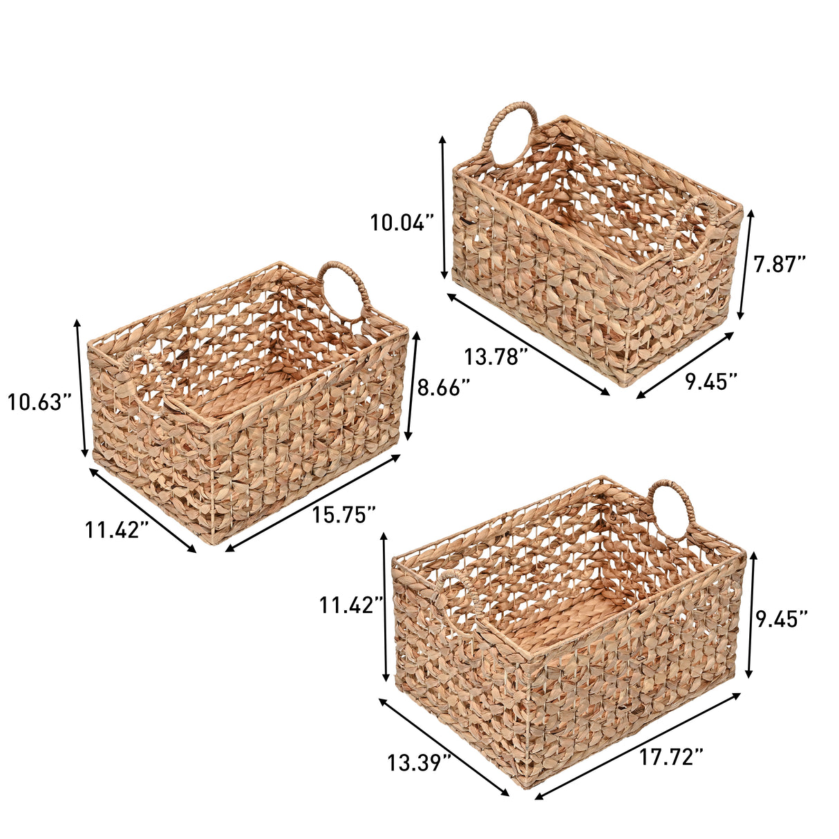 Quinn Bohemian Cottage Woven Hyacinth Rectangular Storage Baskets with Handles (Set of 3)