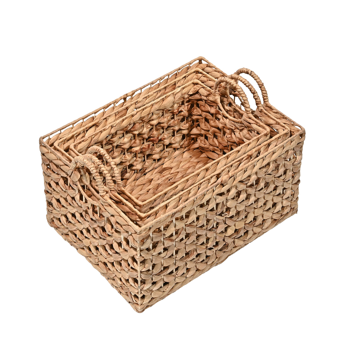 Quinn Bohemian Cottage Woven Hyacinth Rectangular Storage Baskets with Handles (Set of 3)