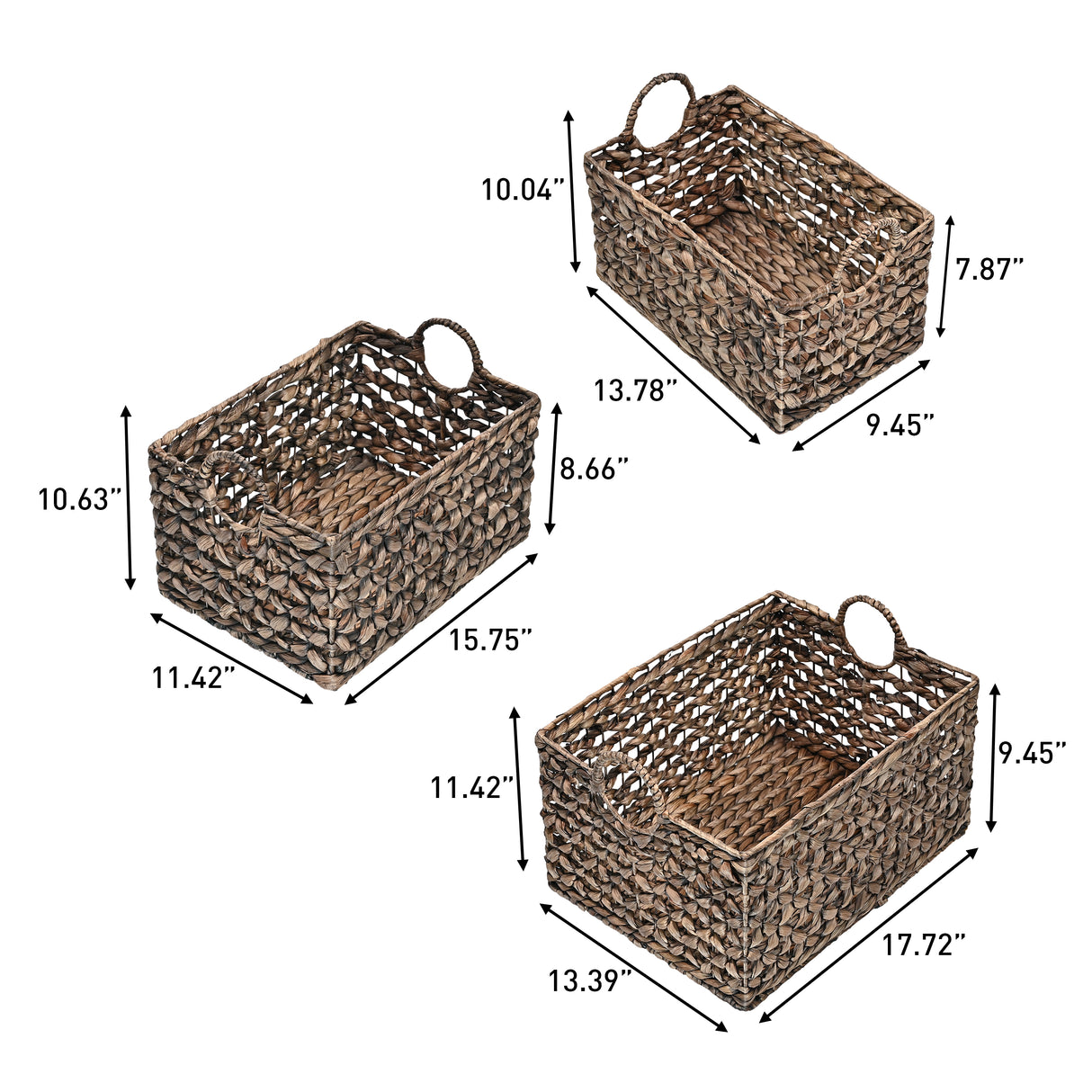 Quinn Bohemian Cottage Woven Hyacinth Rectangular Storage Baskets with Handles (Set of 3)