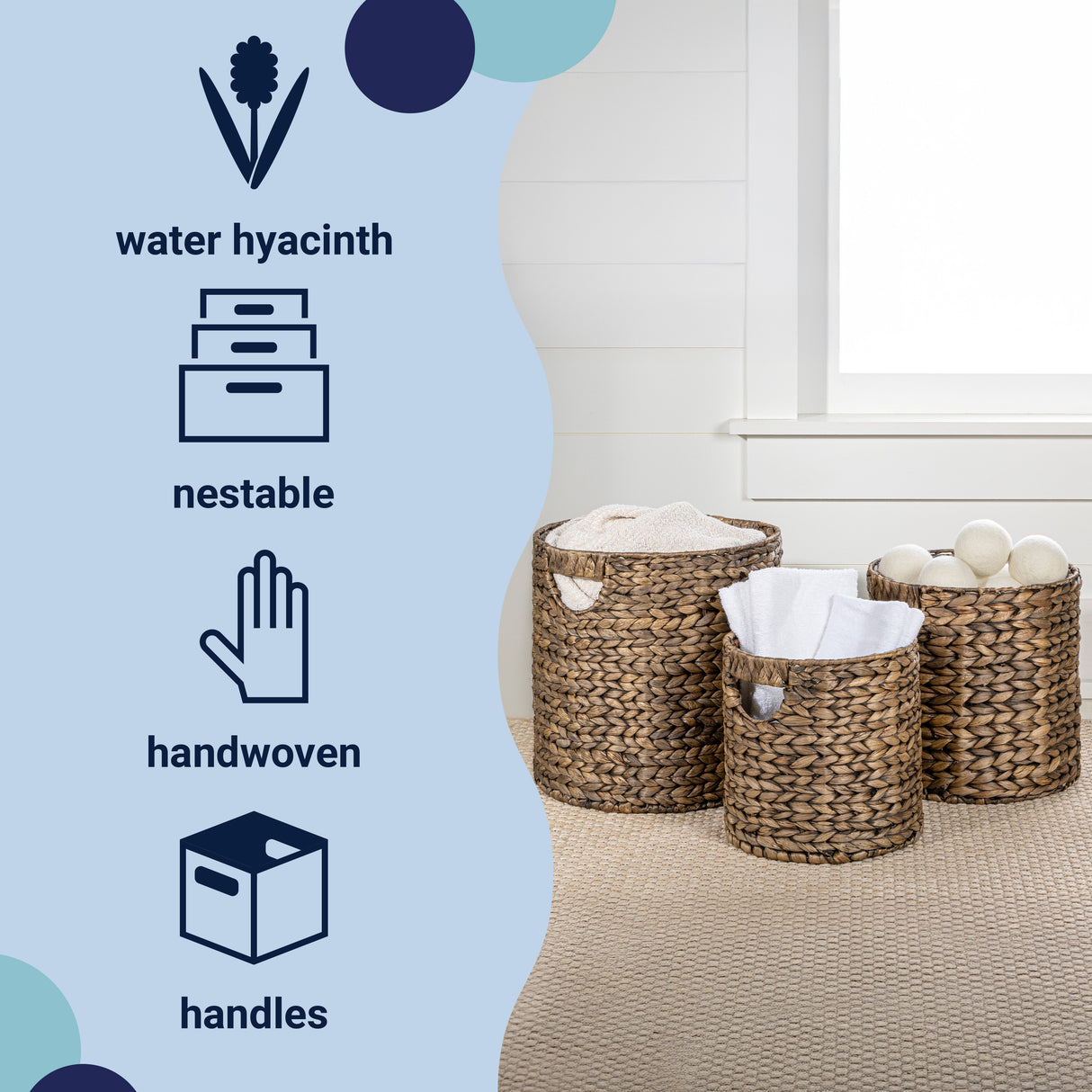 Avery Bohemian Cottage Handwoven Hyacinth Cylinder Nesting Baskets with Handles (Set of 3)