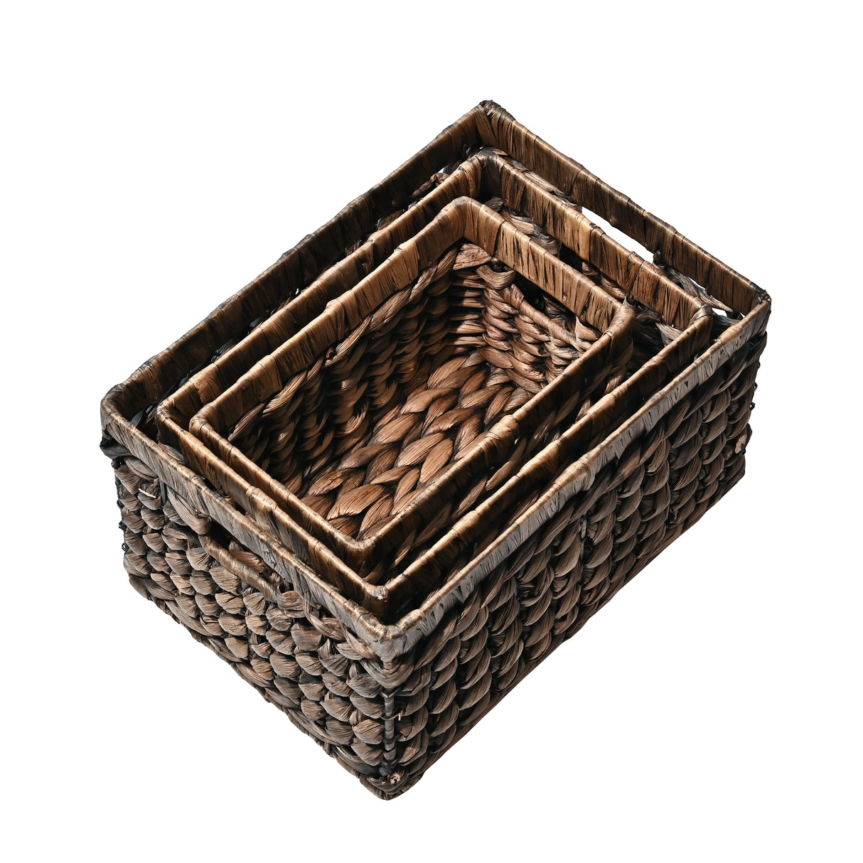 Hayden Bohemian Cottage Handwoven Hyacinth Rectangular Nesting Baskets with Handles (Set of 3)