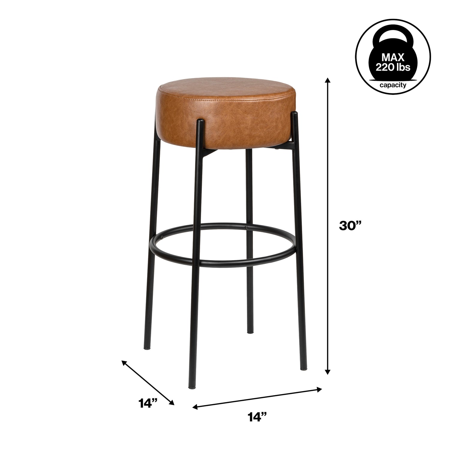Paola Modern Minimalist Round Backless Metal/Vegan Leather Cushioned Bar Stool