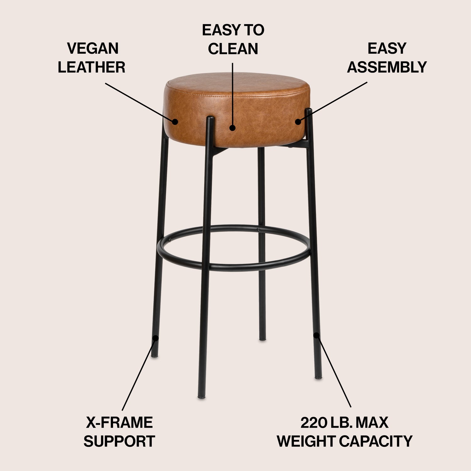 Paola Modern Minimalist Round Backless Metal/Vegan Leather Cushioned Bar Stool