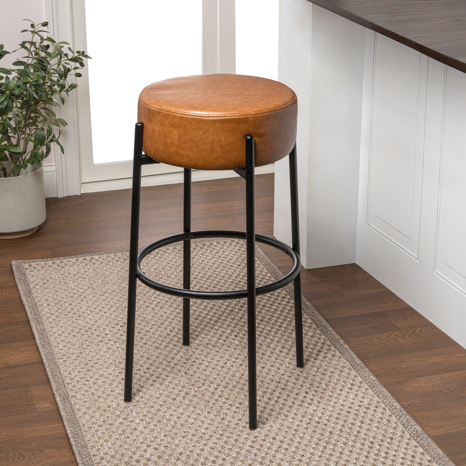 Paola Modern Minimalist Round Backless Metal/Vegan Leather Cushioned Bar Stool