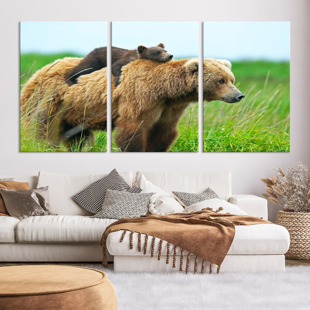 Bear and Cub Canvas Print Black and White Animal Wall Art