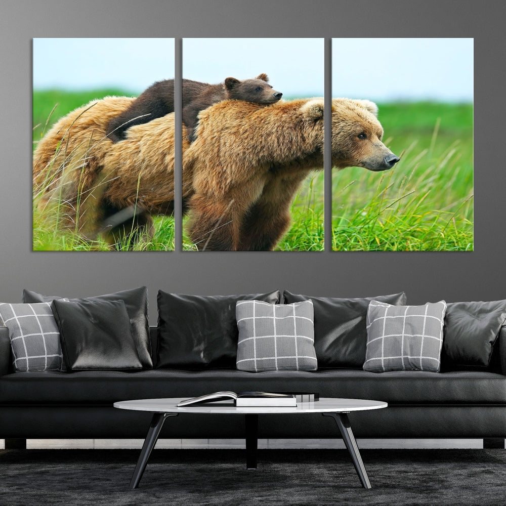 Bear and Cub Canvas Print Black and White Animal Wall Art
