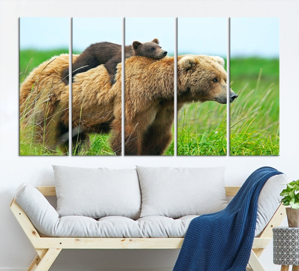 Bear and Cub Canvas Print Black and White Animal Wall Art