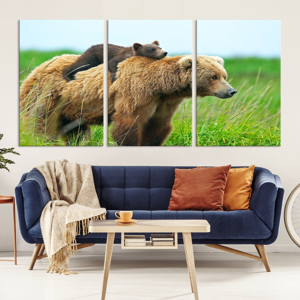 Bear and Cub Canvas Print Black and White Animal Wall Art