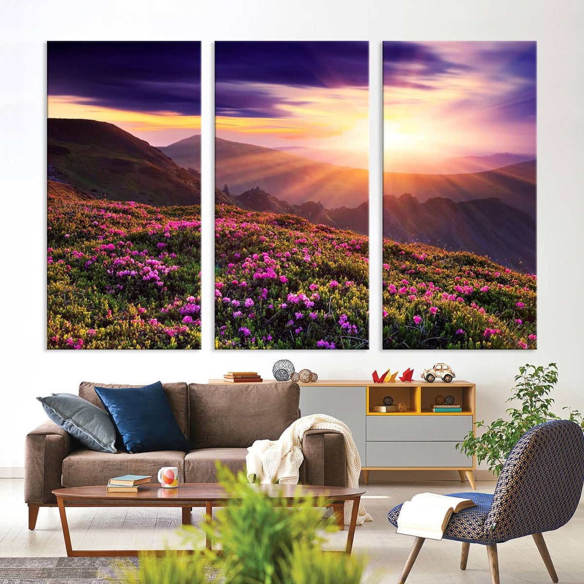 Beautiful Mountain Sunset Landscape with Purple Flowers