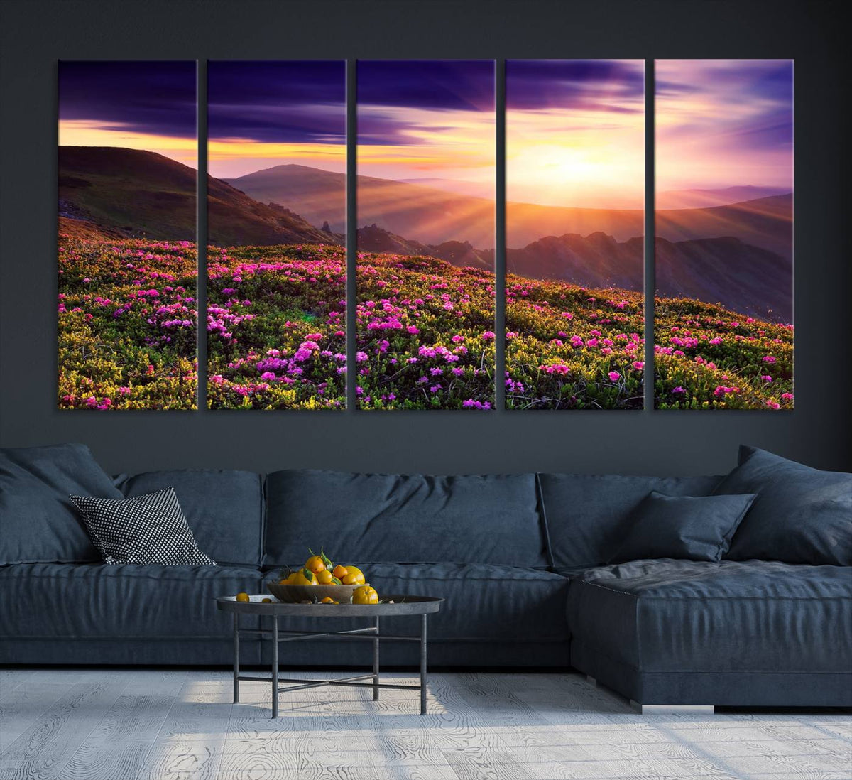 Beautiful Mountain Sunset Landscape with Purple Flowers
